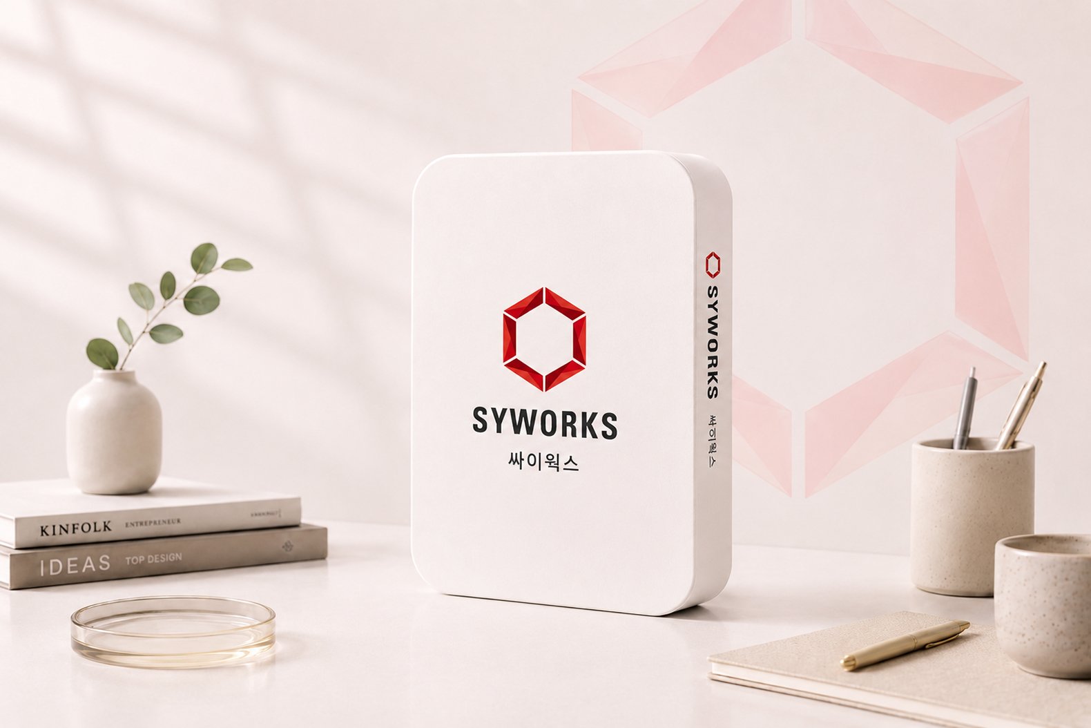SYWORKS 로고가 인쇄된 패키지 상자가 책, 화분과 함께 놓인 모습
