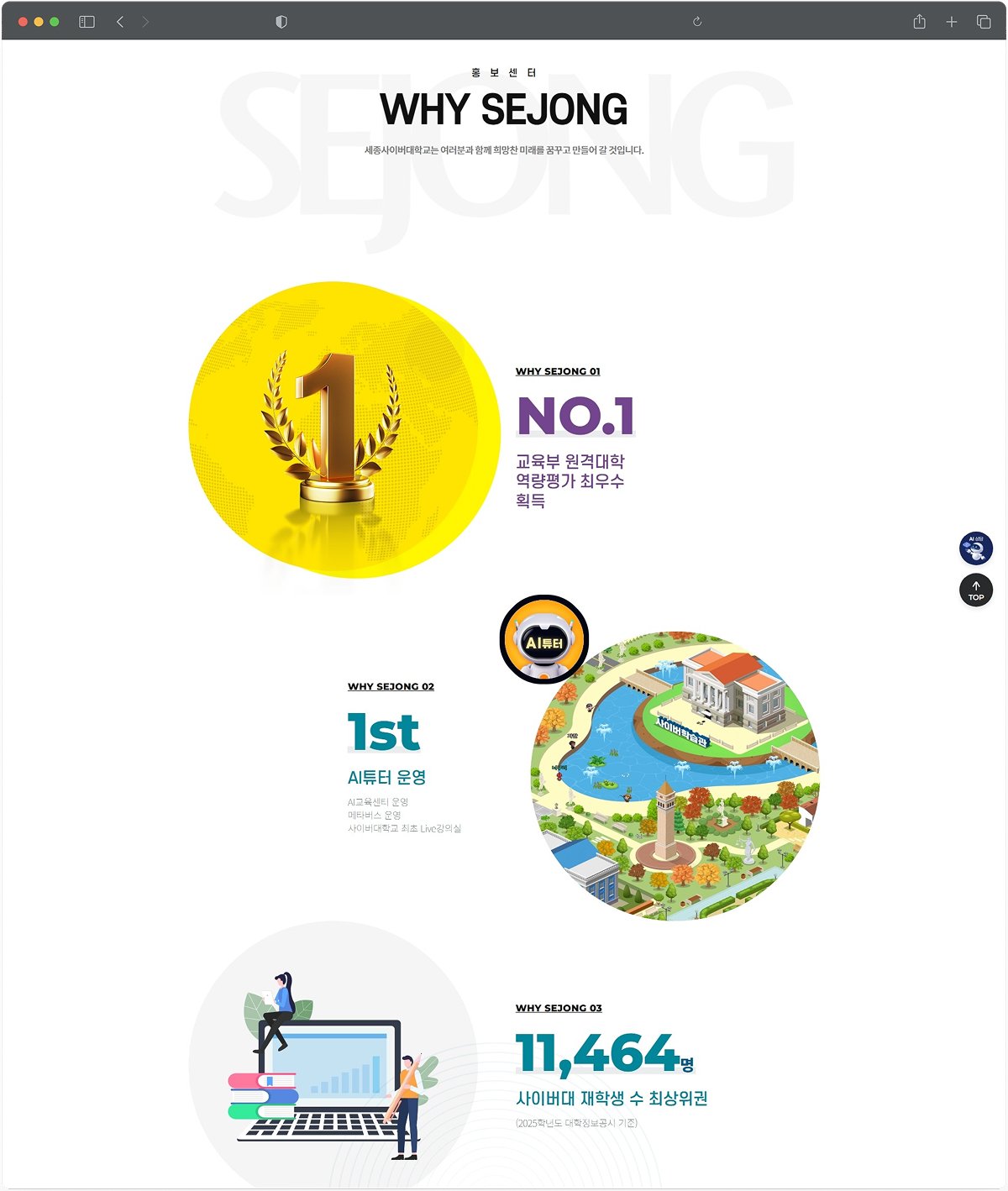 세종사이버대학교 홈페이지 WHY SEJONG 콘텐츠 페이지 화면